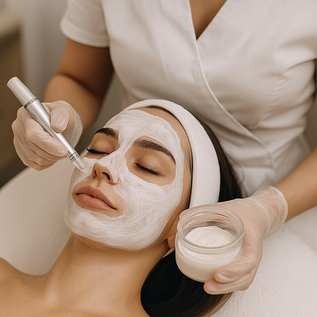 En kvinne får ansiktsbehandling med hvit maske, mens en behandler påfører produktet med pensel.