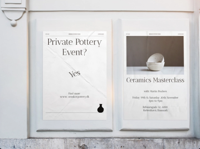 Plakater på veggen for privat keramikkarrangement og keramikkmasterclass med Martin Pacheco.