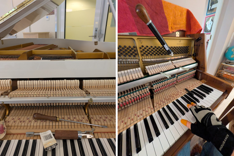 Bilde av et piano med åpen lokk, verktøy og tangenter synlige, som viser detaljene i instrumentet.