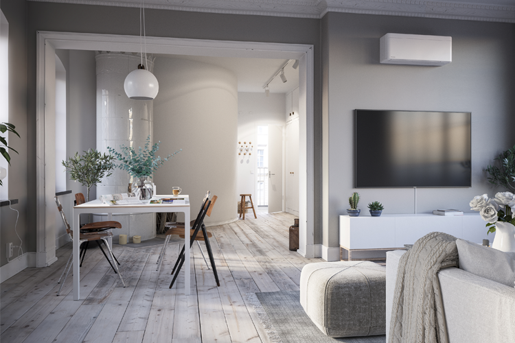Moderne stue med spisebord, stoler, planter og TV, samt en lys gang i bakgrunnen.