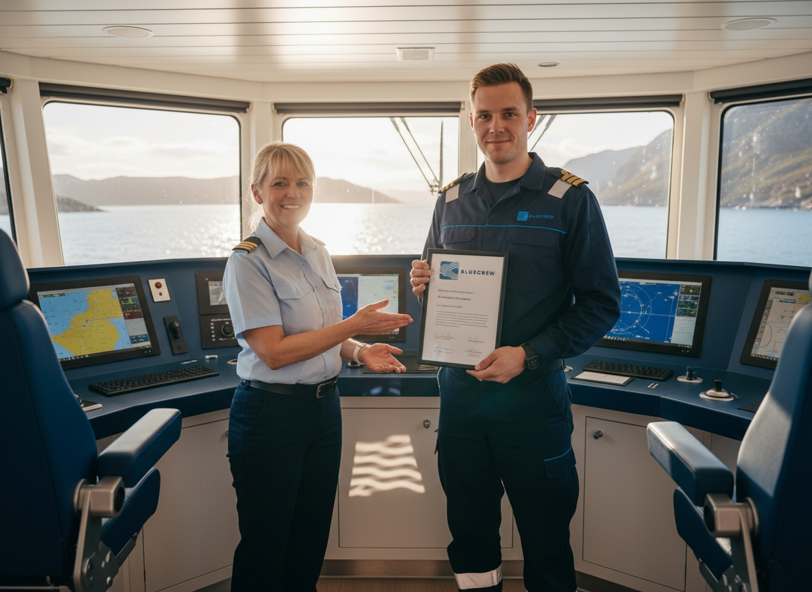 To personer på broen av et skip, en kvinne i uniform gir et sertifikat til en mann i marineuniform.