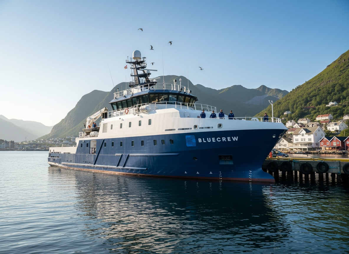 En stor forskningsbåt med navnet "BLUECREW" ligger til kai i en fjord med fjell i bakgrunnen.