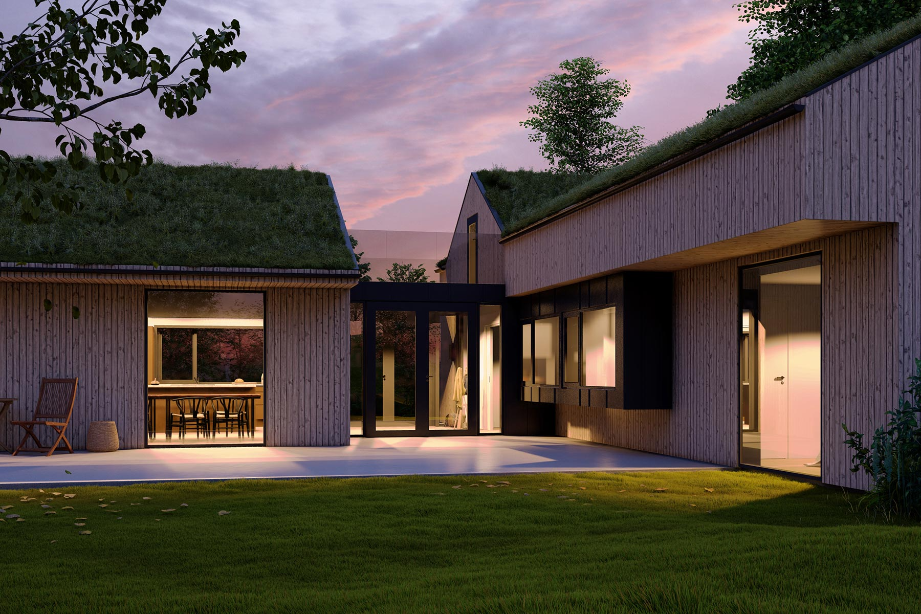 Moderne hus med grønt tak, store vinduer og en hage i solnedgang. Arkitektonisk design med treverk og glass.
