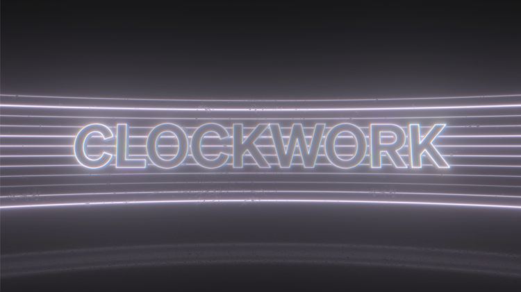 Lysende teksten "CLOCKWORK" i en futuristisk, mørk bakgrunn med linjer som gir dybde.
