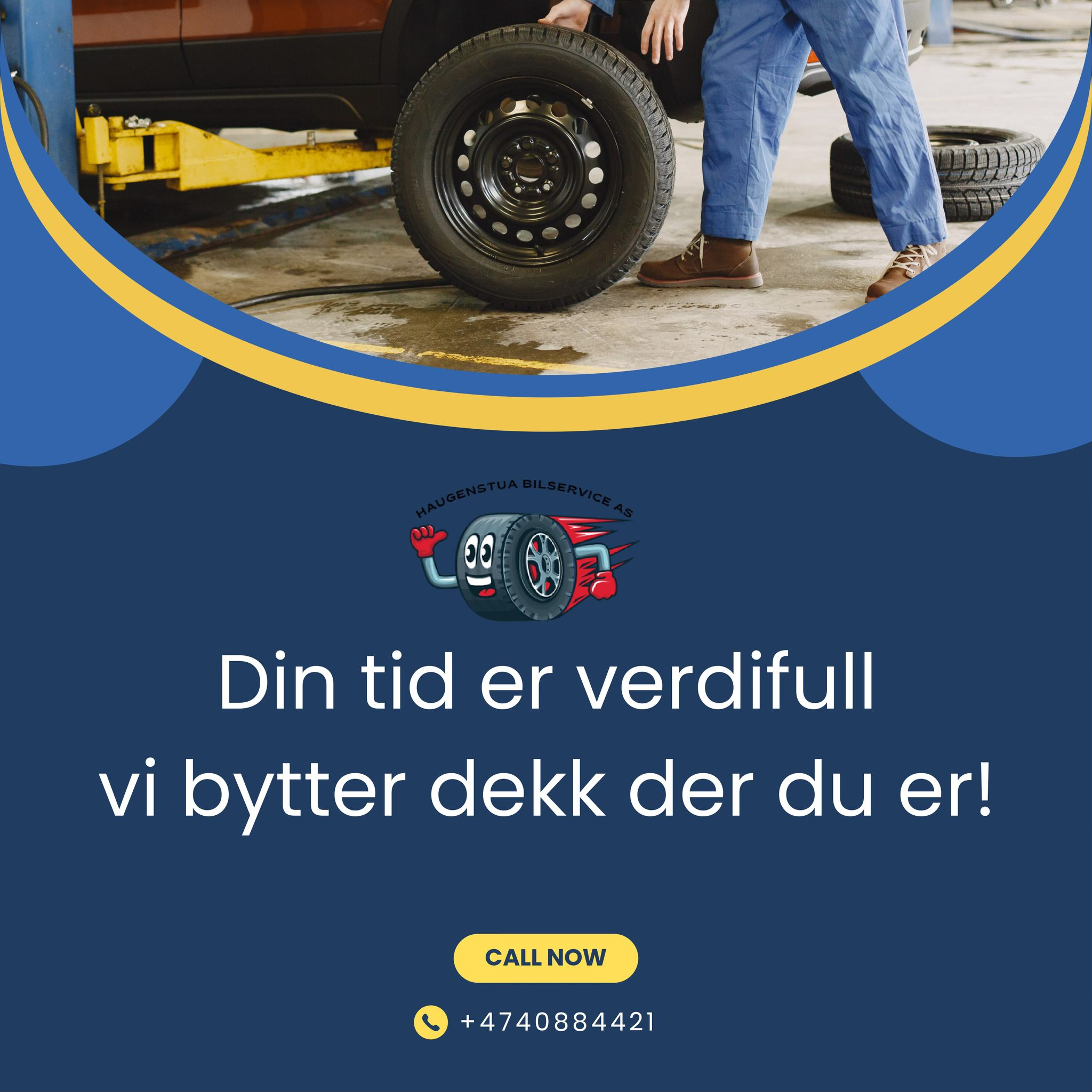 En person bytter dekk på en bil med en heis, med kontaktinformasjon for dekkskifte i bakgrunnen.