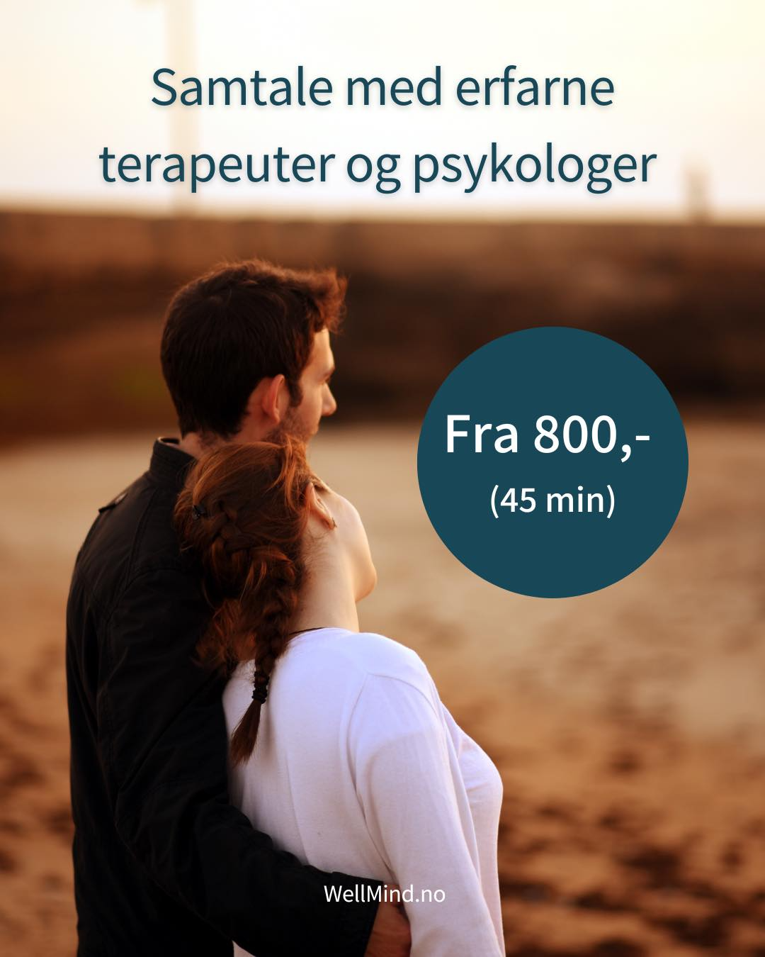 Samtale med terapeuter og psykologer på stranden, pris fra 800,- for 45 minutter.
