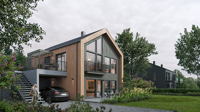 Moderne enebolig med trepanel, store vinduer og hage, parkert bil foran inngangen.