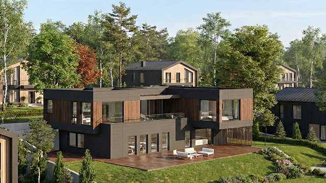 Moderne hus med treverk og store vinduer, omgitt av grønt landskap og trær i et boligområde.