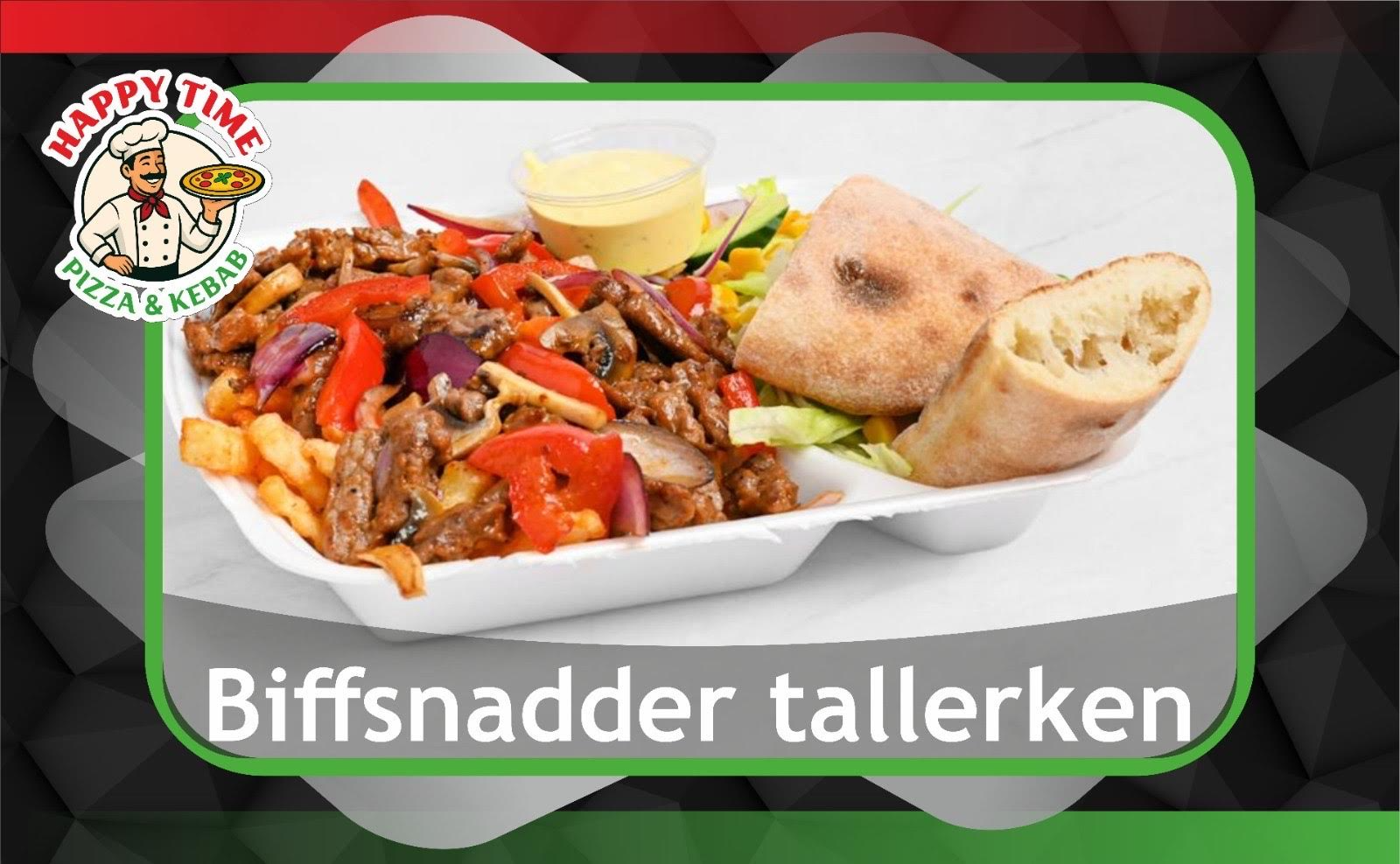 Biffsnadder tallerken med kjøtt, grønnsaker, pommes frites, salat og brød, servert med saus.