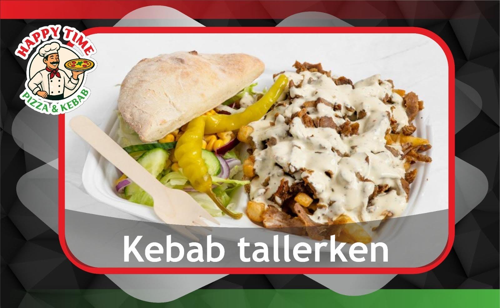 Kebab tallerken med kjøtt, salat, brød og hvit saus, servert på en hvit tallerken.