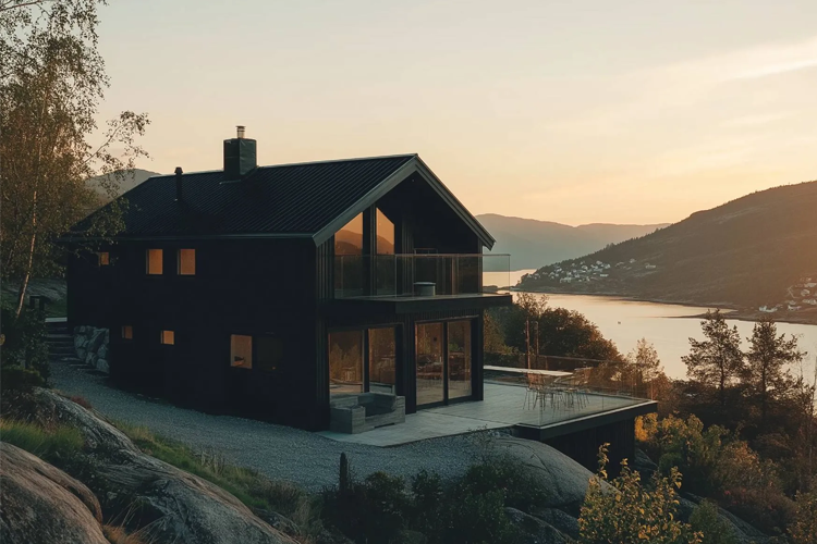 Moderne svart hus med terrasse, beliggende på en skråning med utsikt over fjorden og fjellene i solnedgang.
