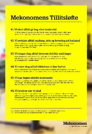 Mekonomenens tillitsløfte med punkter om kundeservice og kvalitet i bilreparasjoner.