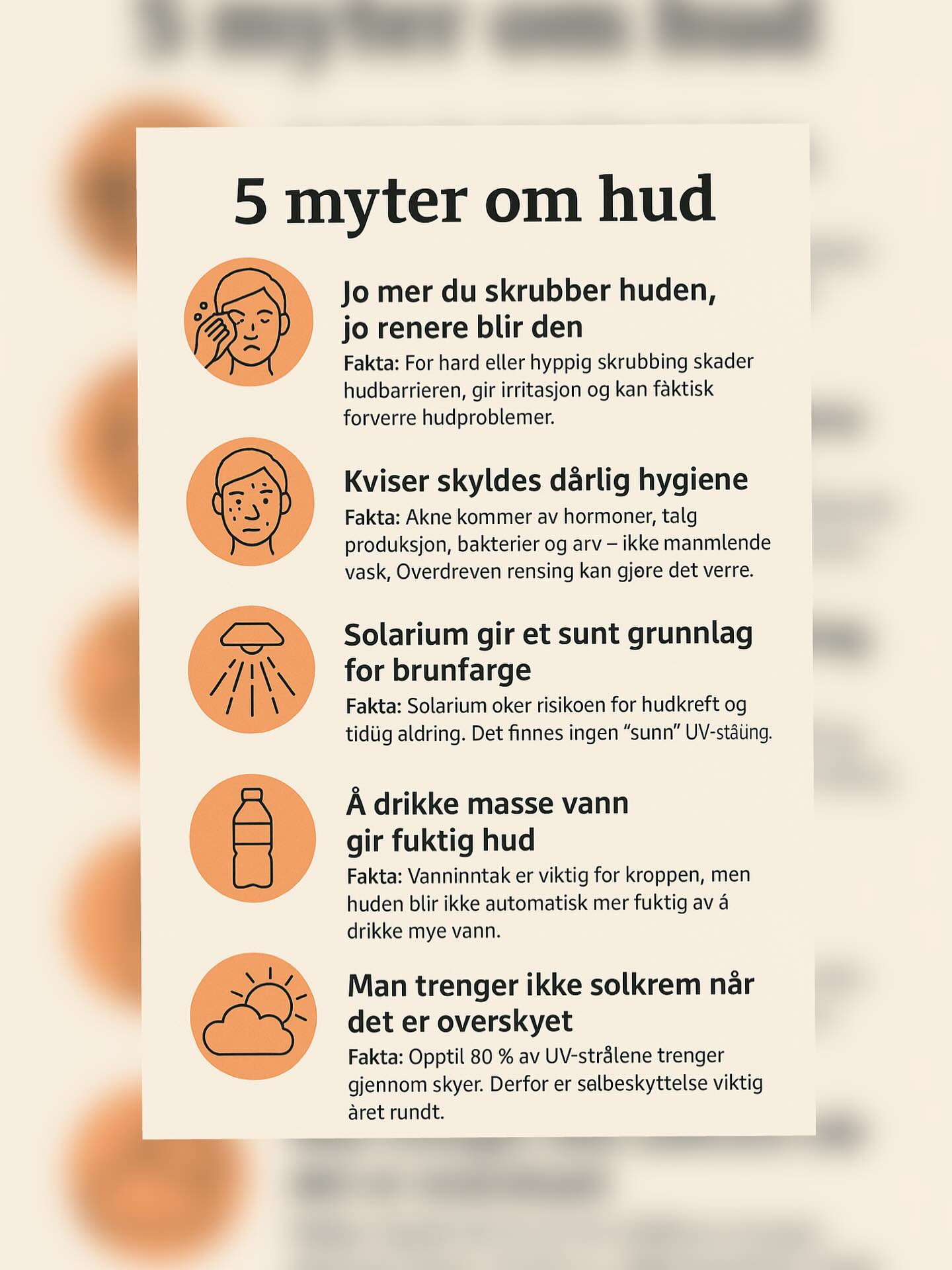 5 myter om hud med fakta om skrubbing, kviser, solarium, vanninntak og solbeskyttelse.