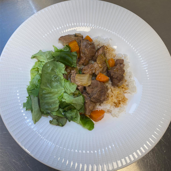 En tallerken med ris, kjøttgryte med grønnsaker og en frisk salat ved siden av.