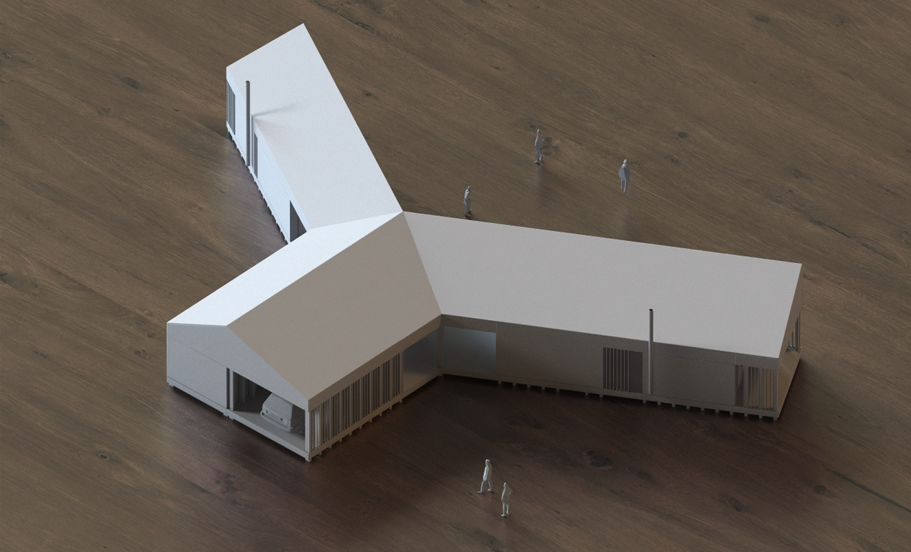 Modell av et moderne hus med tre fløyer, plassert på en treoverflate med små figurer rundt.