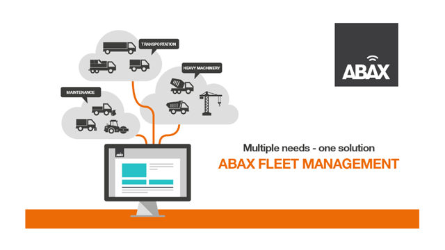 Illustrasjon av ABAX Fleet Management med datamaskin og sky med lastebiler og utstyr, som viser flere behov i én løsning.
