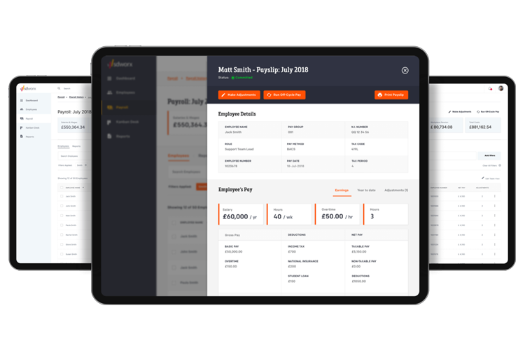 Skjermbilde av en app som viser betalingsdetaljer og ansattinformasjon for juli 2018.