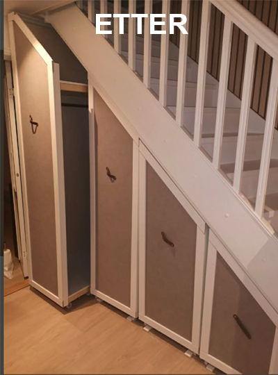 Oppbevaringsløsning under trappen med skap og hyller i moderne design.
