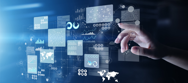 En hånd som interagerer med digitale dataskjermbilder og grafer i et futuristisk miljø.