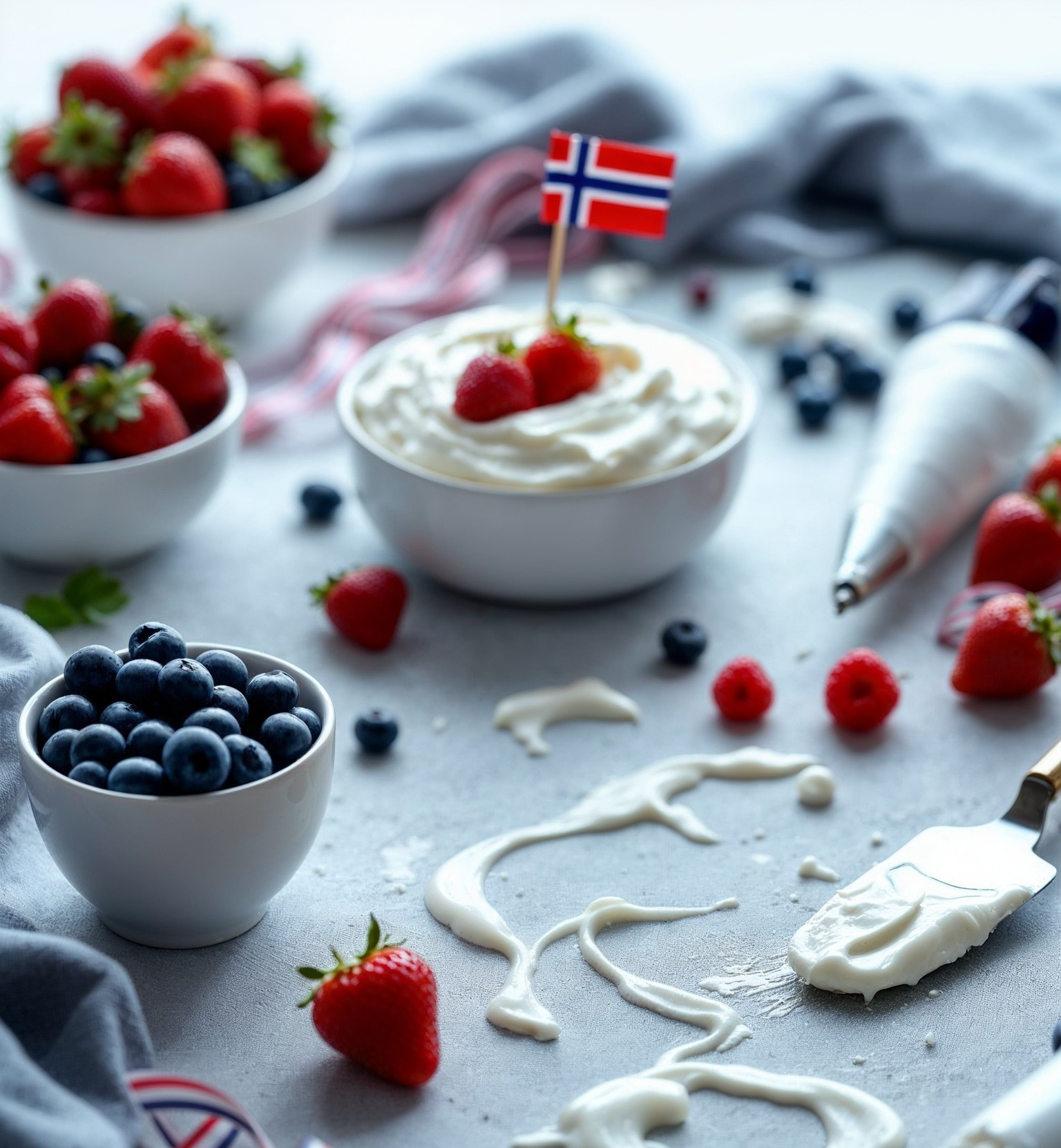 Yoghurt med norske bær, inkludert jordbær og blåbær, dekorert med et norsk flagg.