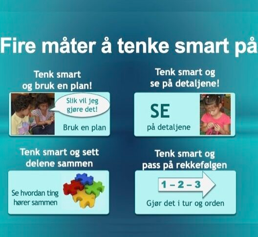 Fire måter å tenke smart på med bilder av barn som samarbeider og bruker fargerike puslespillbiter.