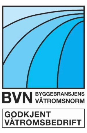 Logo for BVN, Byggebransjens Våtromsnorm, med teksten "Godkjent Våtromsbedrift" under.