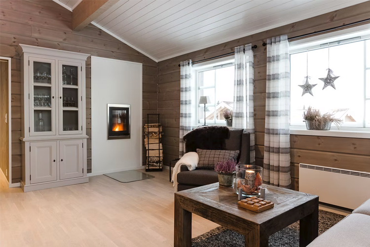 Koselig stue med peis, moderne møbler, vinduer med gardiner og en hvit katt som ligger på sofaen.