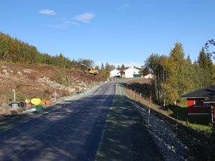 Nybygd vei med grønt landskap og hus langs veien, under klar blå himmel.