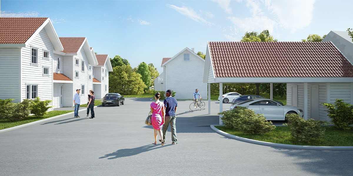 Moderne boliger med hvite fasader og røde tak, folk som går og sykler på en asfaltert vei.