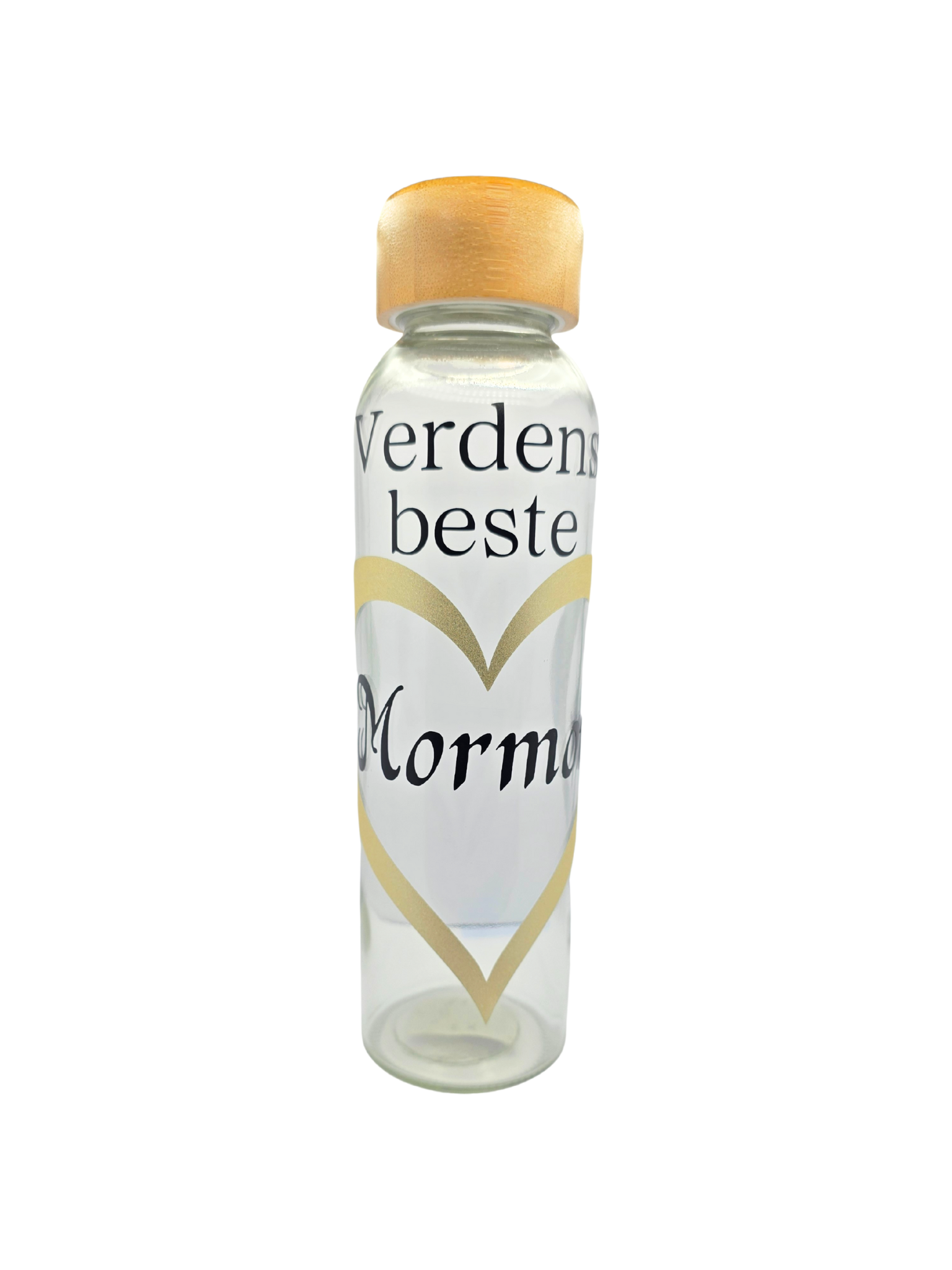 Vannflaske med teksten "Verdens beste Mormor" og hjerteformet design i gull.