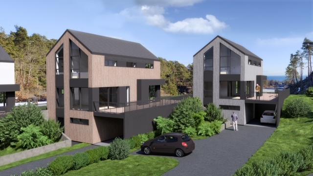 Moderne boliger med trepanel og store vinduer, omgitt av grønt landskap og en bil på oppkjørselen.
