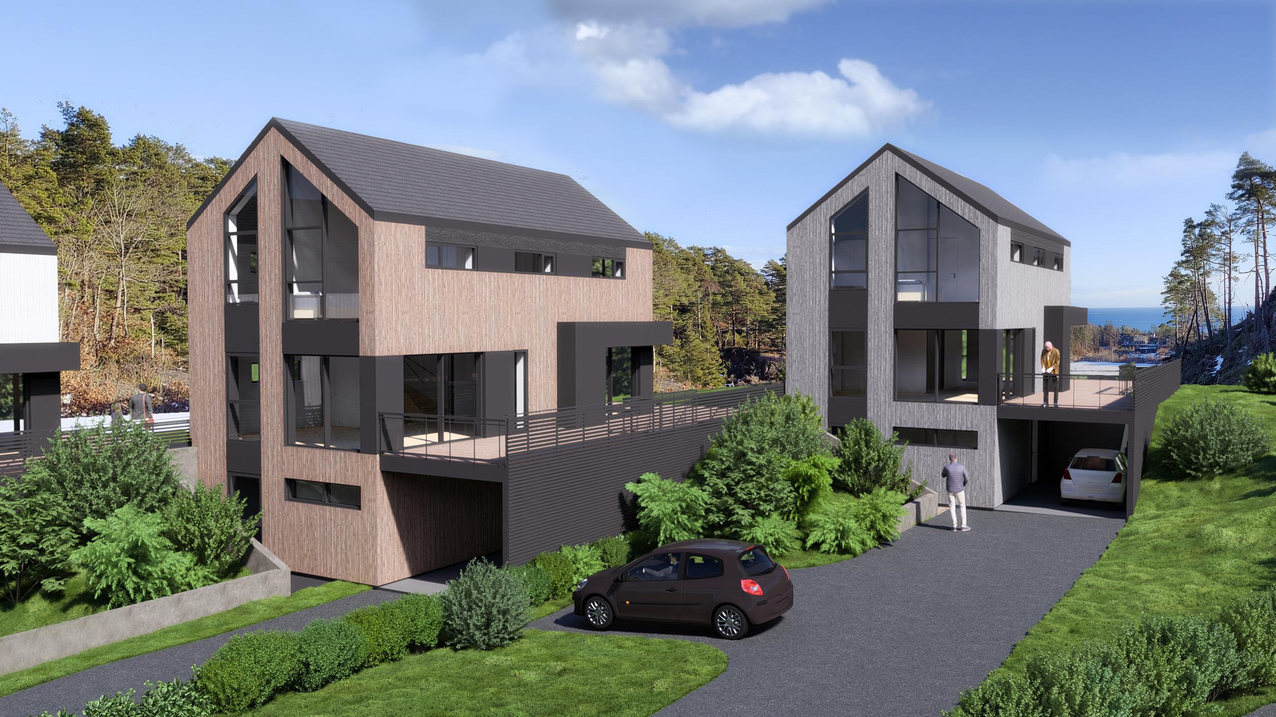 Moderne hus med trepanel og store vinduer, omgitt av grønt landskap og en bil på oppkjørselen.