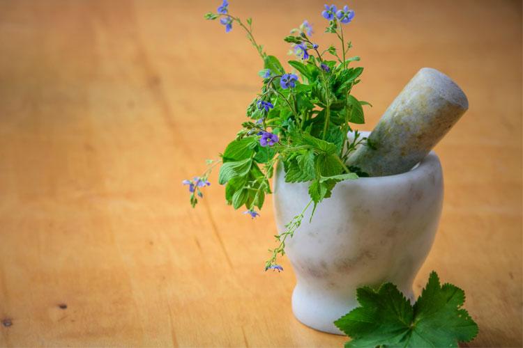 Marmor morter med friske urter og blå blomster på et trebord.