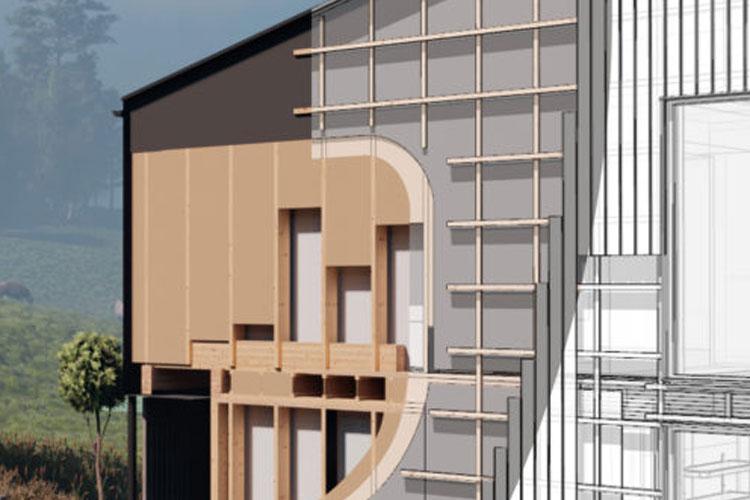 Moderne bygning med trepanel og arkitektonisk design, vist i detaljert snitt.