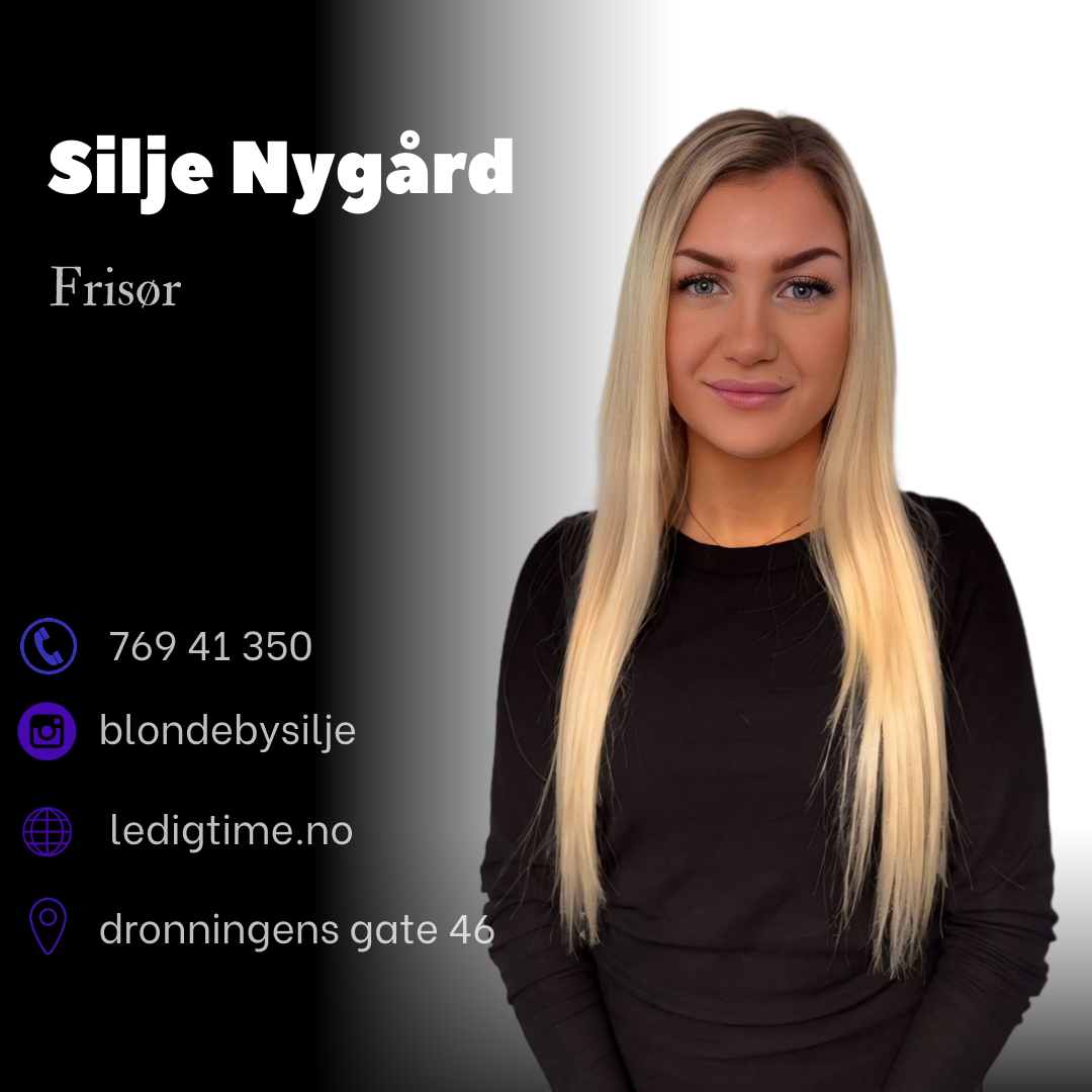 Frisør Silje Nygård med langt, lyst hår, iført svart genser, står foran en lys bakgrunn.