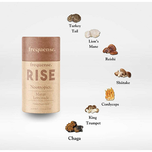 Boks med frekvensprodukten RISE, med ulike sopptyper som Turkey Tail, Lion's Mane og Reishi, illustrert rundt.