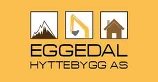 Logo for Eggedal Hyttebygg AS med fjell, gravemaskin og husikoner på oransje bakgrunn.