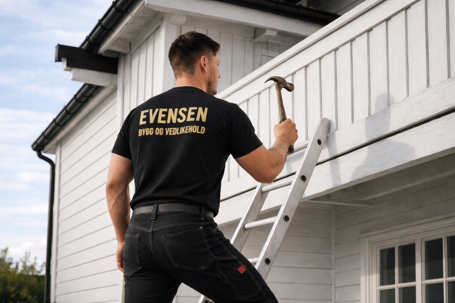 En håndverker i svart t-skjorte står på en stige og holder en hammer, klar til å jobbe på en hvit vegg.