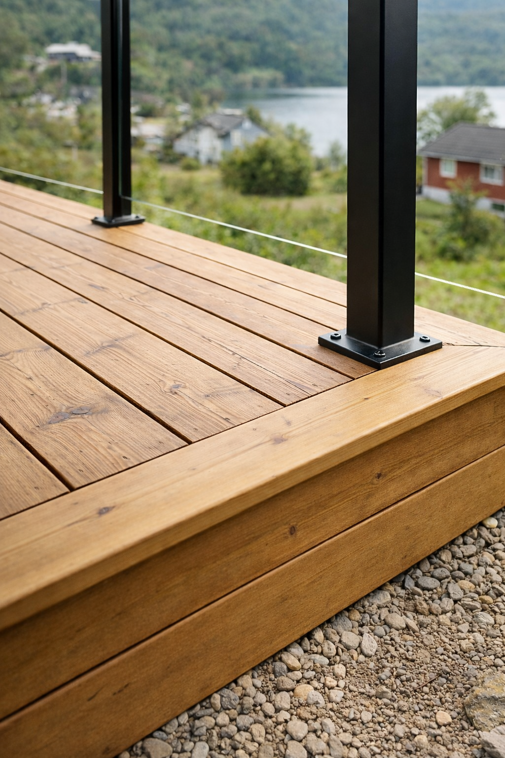 Trekonstruksjon av terrasse med solide stolper og utsikt over landskapet og vannet i bakgrunnen.
