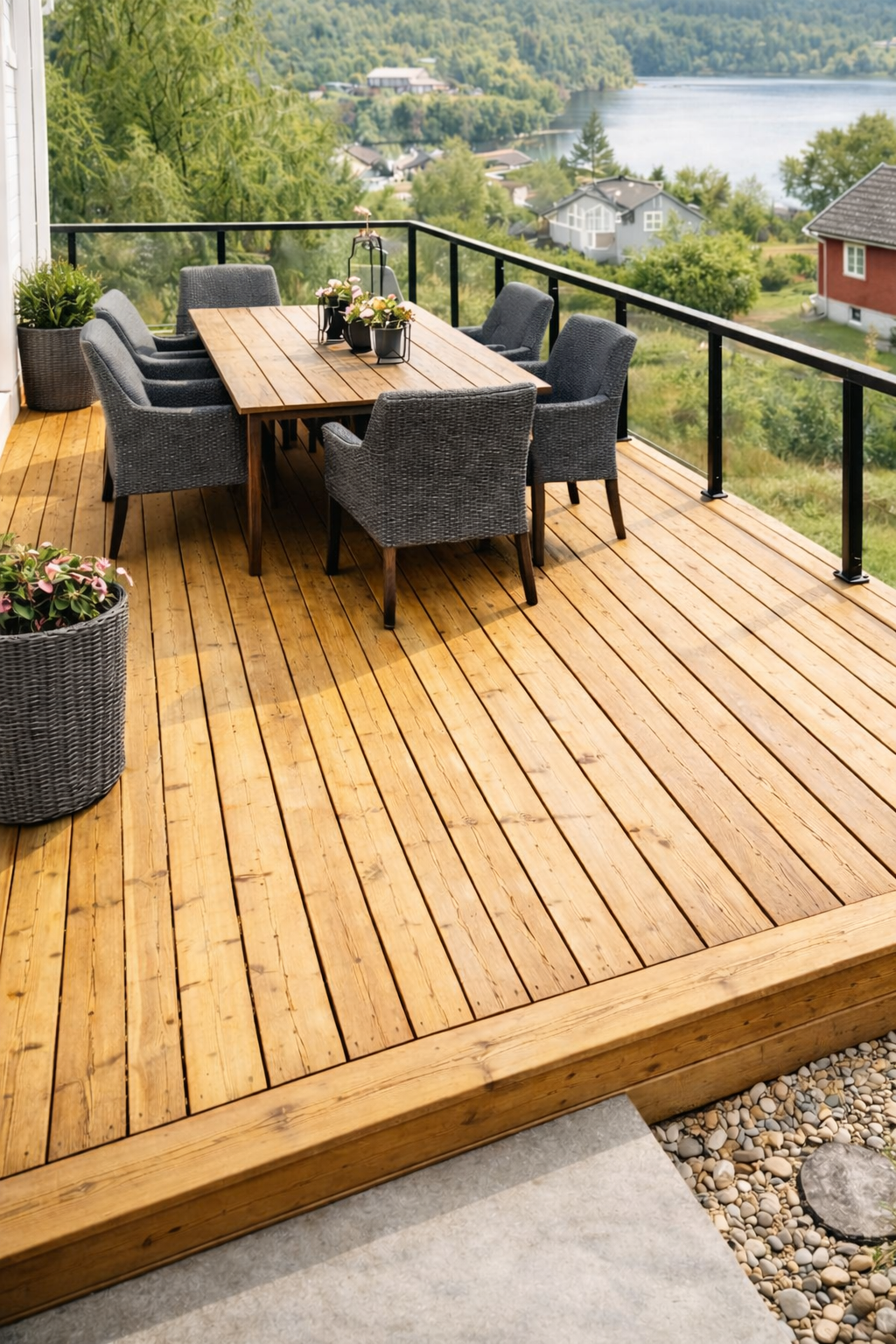 Terrasse med tredekk, spisebord og stoler, blomsterpotter og utsikt over innsjø og landskap.
