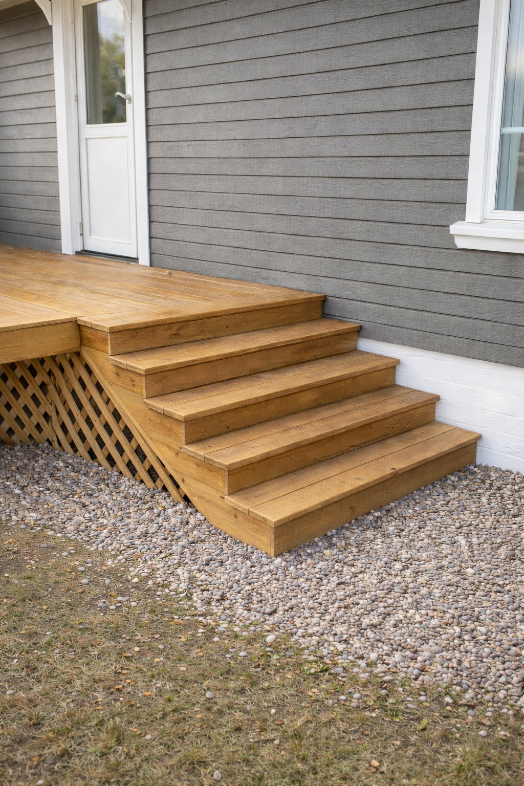 Trappen av tre med flere trinn fører opp til en terrasse ved en grå husvegg.