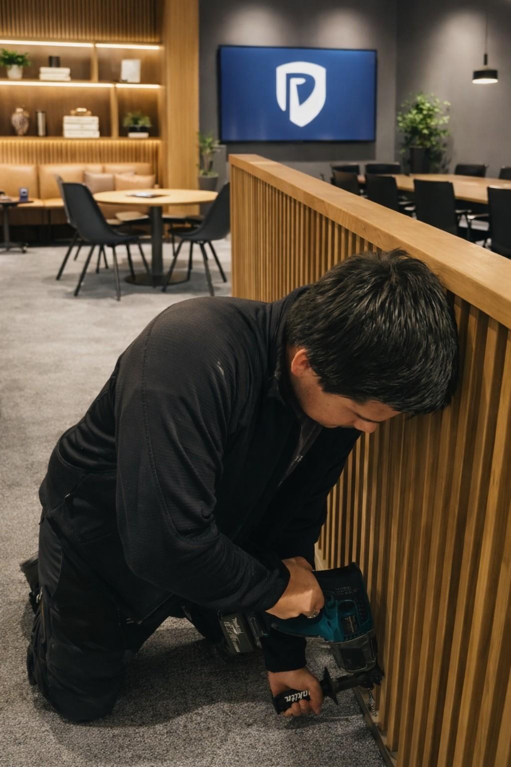 En håndverker bruker en drill for å feste en trevegg i et moderne kontorlandskap.