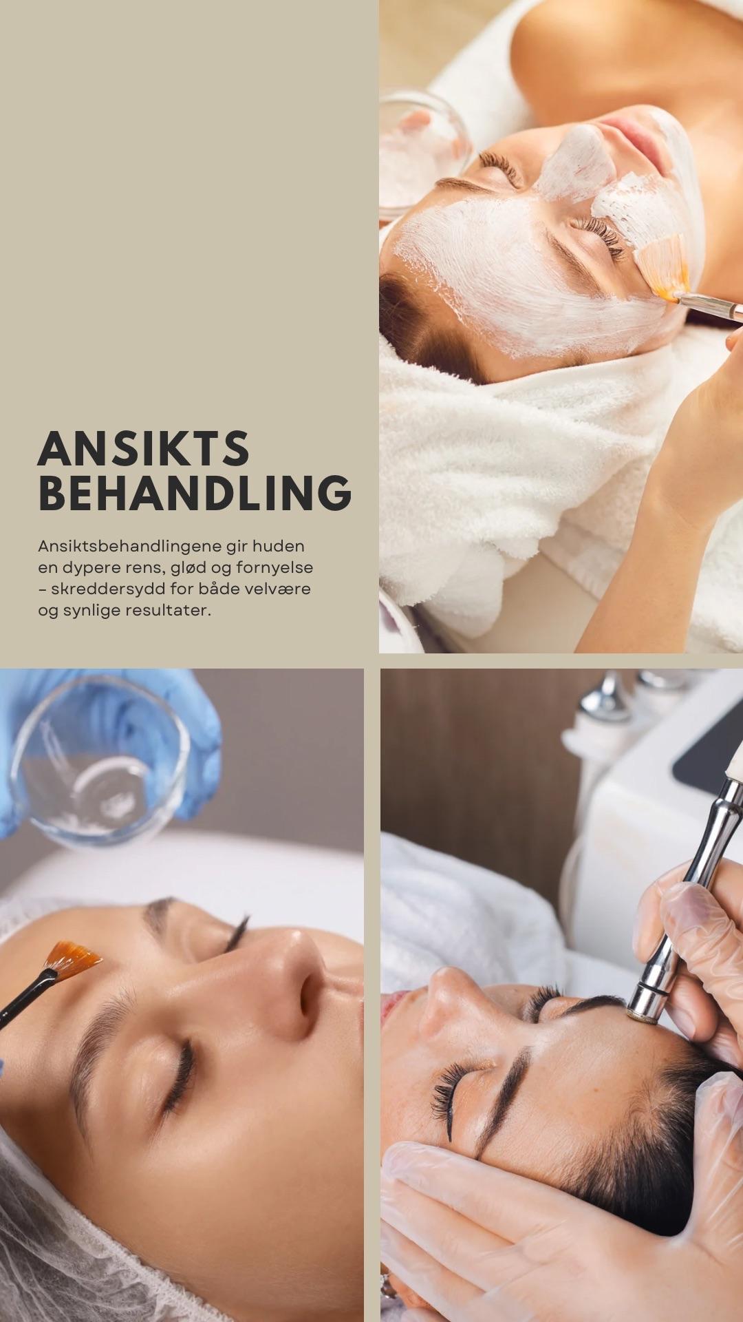 Bilde av ansiktsbehandling med ansiktsmaske, massasje og hudpleieprodukter i en skjønnhetssalong.