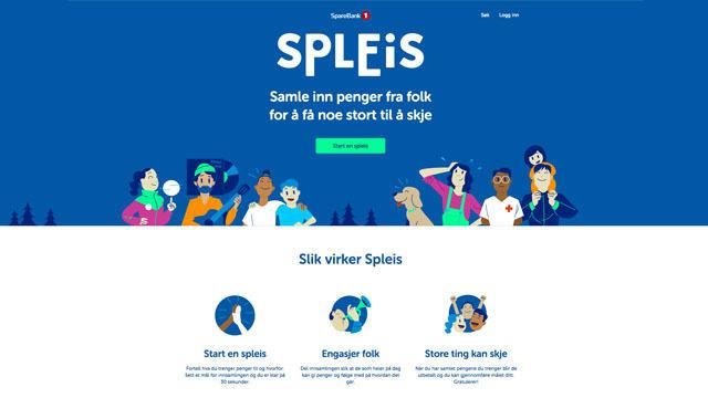 Spleis nettside med blå bakgrunn, illustrasjoner av mennesker og hunder, og tekst om innsamling av penger.