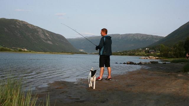 En person fisker ved vannkanten med en hund ved siden av, omgitt av fjell og natur.