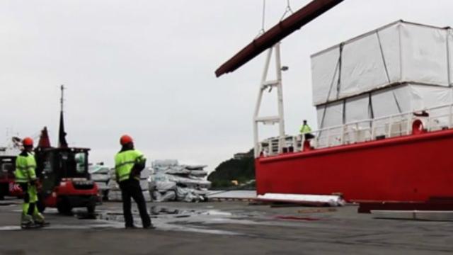 Arbeidere i sikkerhetsutstyr overvåker løfting av en container med kran på havnen.
