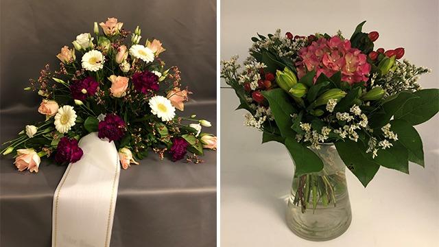 To vakre blomsteroppsatser med forskjellige farger og typer blomster, inkludert roser og liljer, på en grå bakgrunn.
