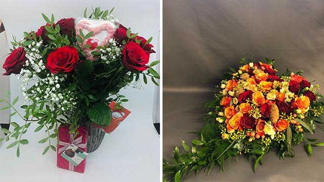 To sett med blomsterbuketter, en med røde roser og en med oransje og gule blomster, dekorert med grønt.