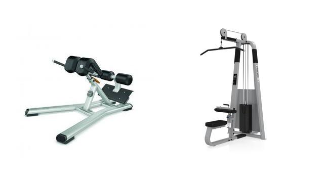 To treningsmaskiner for styrketrening, inkludert en benkpress og en kabelmaskin.