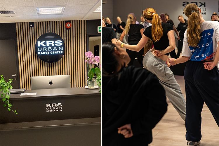 Moderne danseenter med resepsjon og dansere som øver i en lys sal.